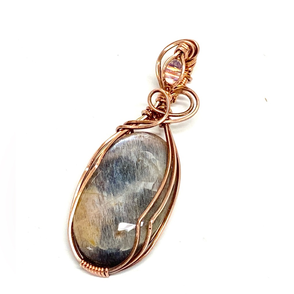 HANDCRAFTED Statement Pendant Gray &Rainbow Moonstones Oxidized Copper Hand Wrap